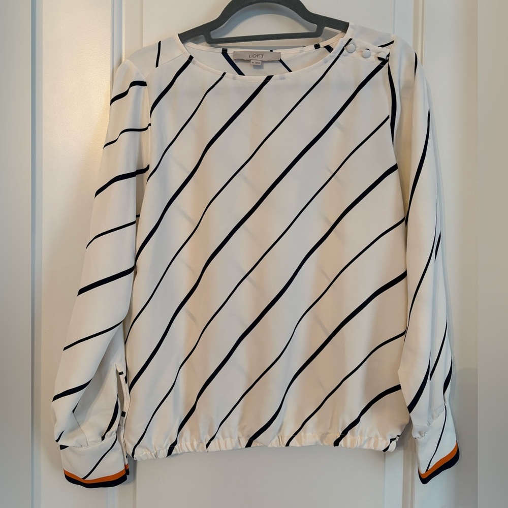 LOFT Women's Diagonal Striped Blouse in White and Black